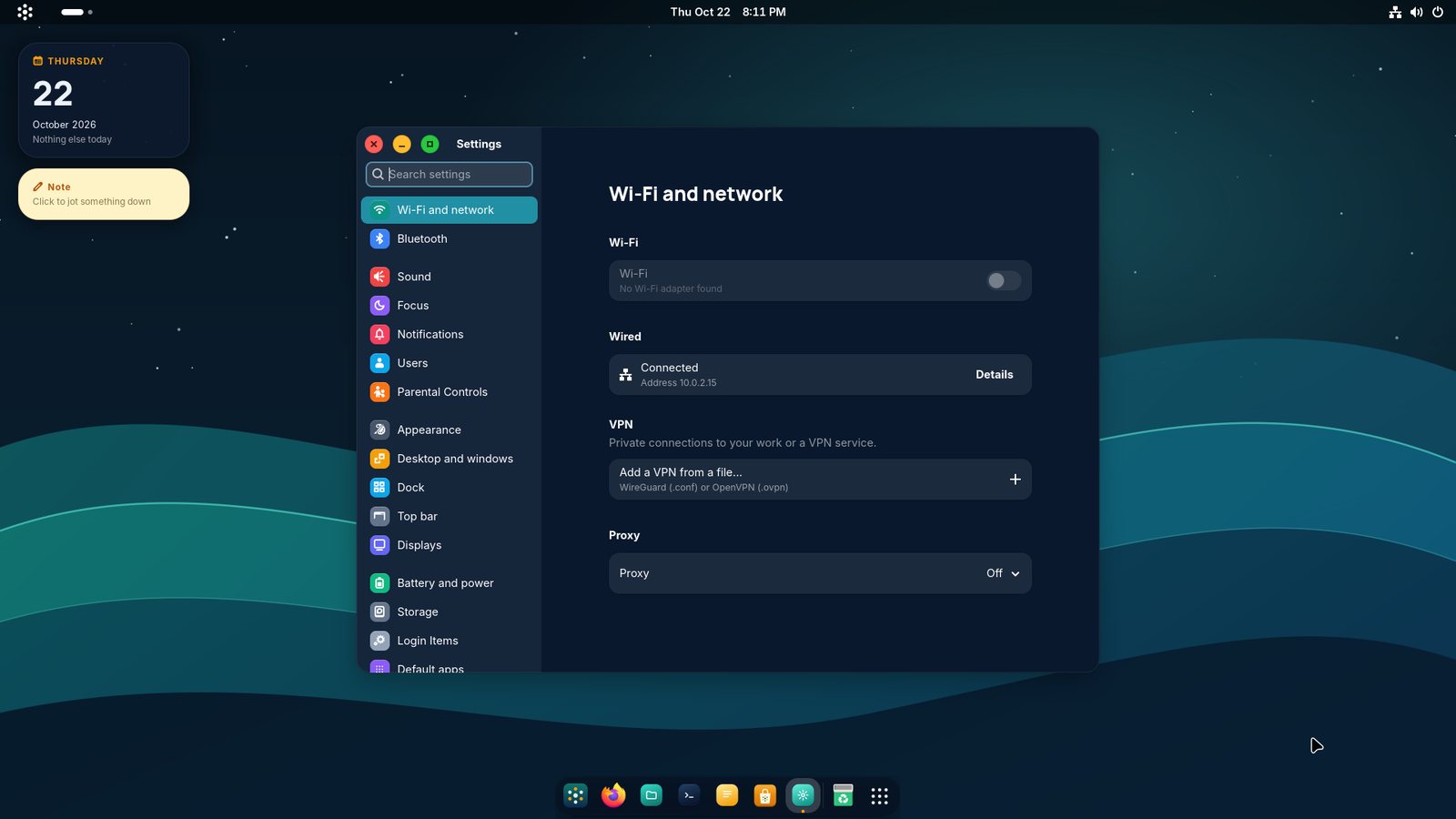 The Kulan OS desktop with Kulan Settings open on the Wi-Fi and network page